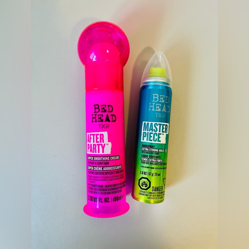BedHead After Party smoothing cream and Masterpiece shine hairspray